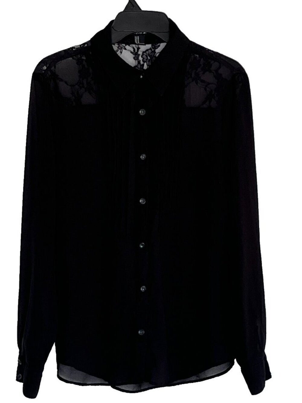 Forever 21 Women's Button Up Top sz M Sheer Chiffon Black Fairy Grunge Wimsigoth